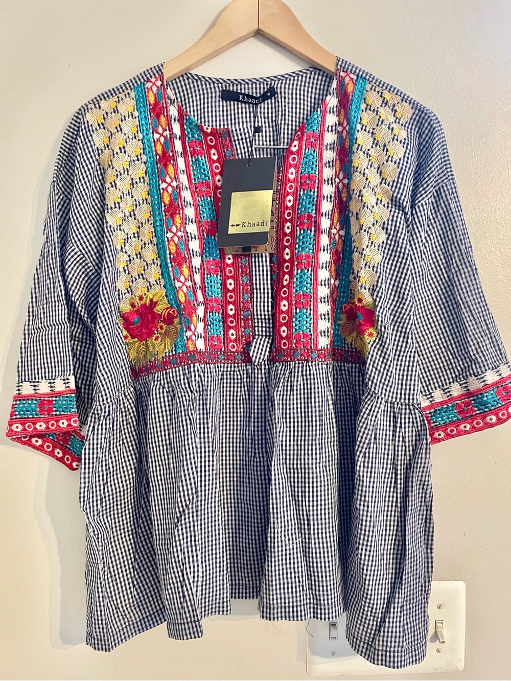 NWT-Khaadi Embroidered Gingham Tunic Top Made in Pakistan Sz 10